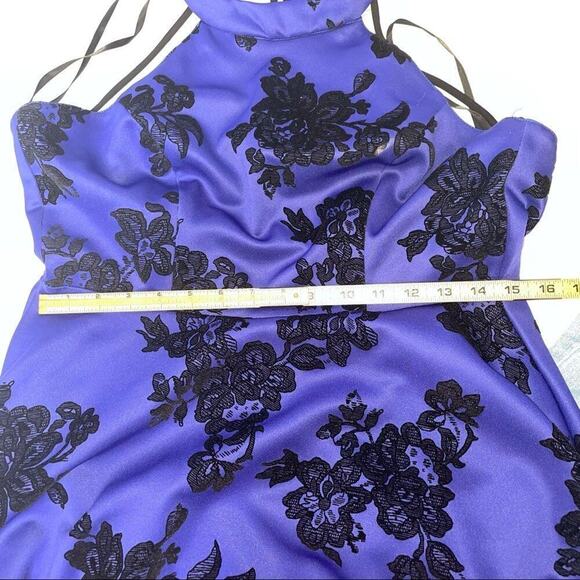 B Darlin dress Flocked Velvet Floral Fit & Flare mini SZ 11/12 black/blue skater - Picture 10 of 16